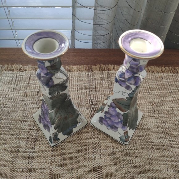 Chinese Candle Holders Set of 2 VTG Porcelain Hand Painted Etched Berries 8.5" - Picture 5 of 11